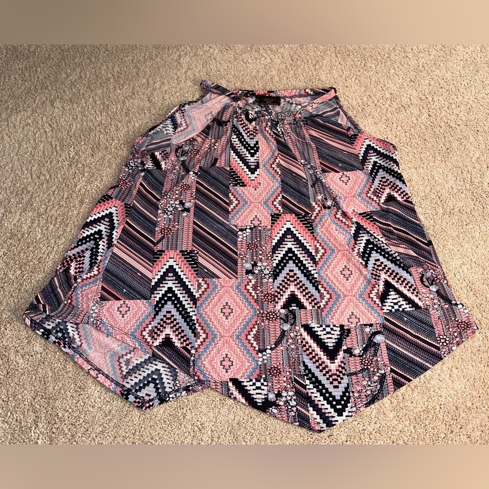 Amana Sleeveless Asymmetrical Patterned Blouse.  Size L